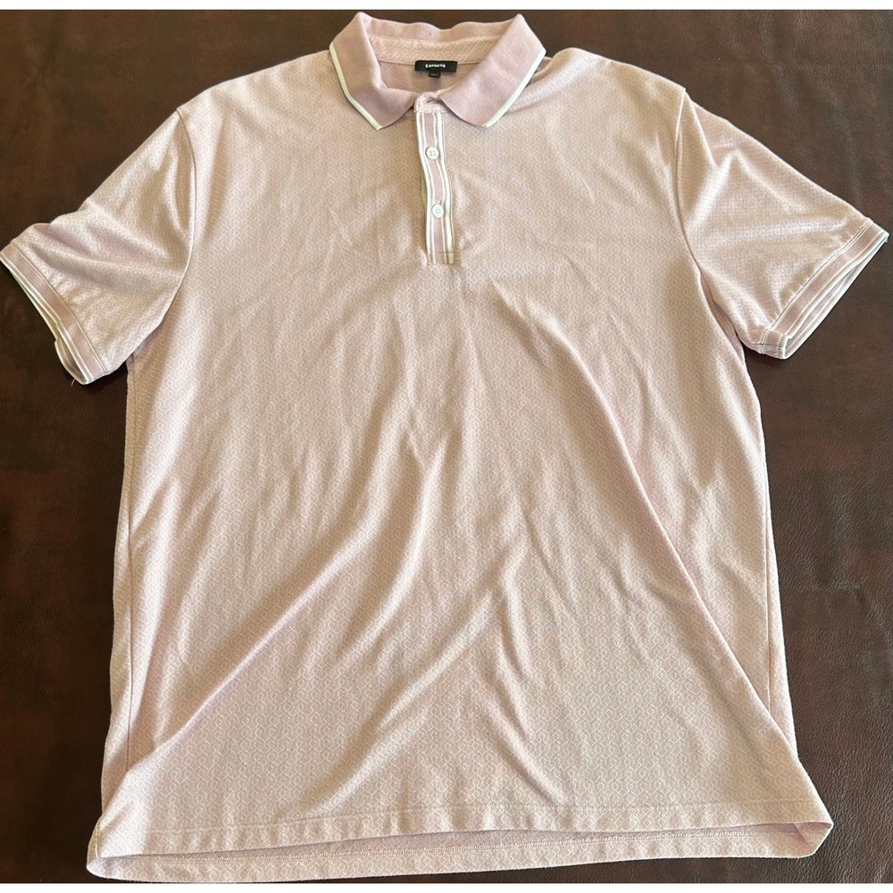 Express Mens Polo Shirt Large Pink Geometric Textured Tipped Short Sleeve Casual